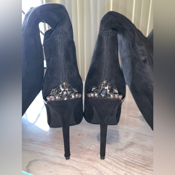 Venus Stiletto Black Suede Crystal Embellished Knee High Boots - Picture 6 of 17